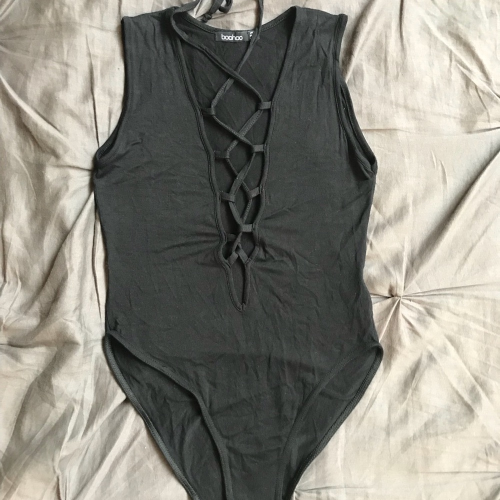Boohoo LACE UP Halter Nrck Black BODYSUIT